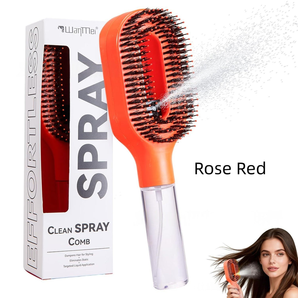 Brosse 2-en-1 avec spray, coloris rouge orangé, avec emballage et jet de vaporisation