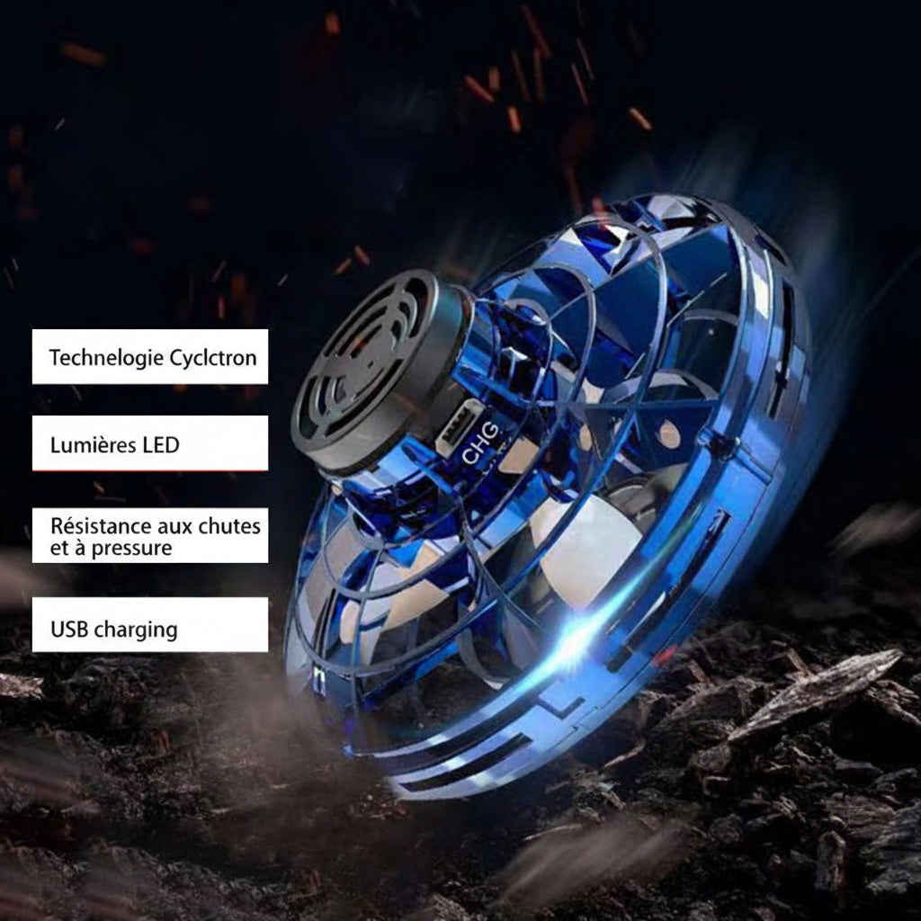 Drone volant gyroscopique à induction, contrôle par geste, rotations 360°, rechargeable. Idéal comme cadeau high-tech pour ados et adultes.