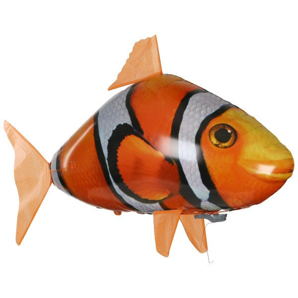 Requin ou poisson clown volant télécommandé, mouvements réalistes, contrôle 12m, ballon hélium réutilisable. Cadeau original pour enfants et adultes.