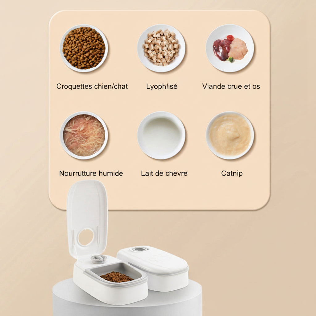 Distributeur automatique 2-en-1 pour chats et chiens. Croquettes et eau disponibles en continu. Sans branchement. Idéal pour les absences. Livraison en France.