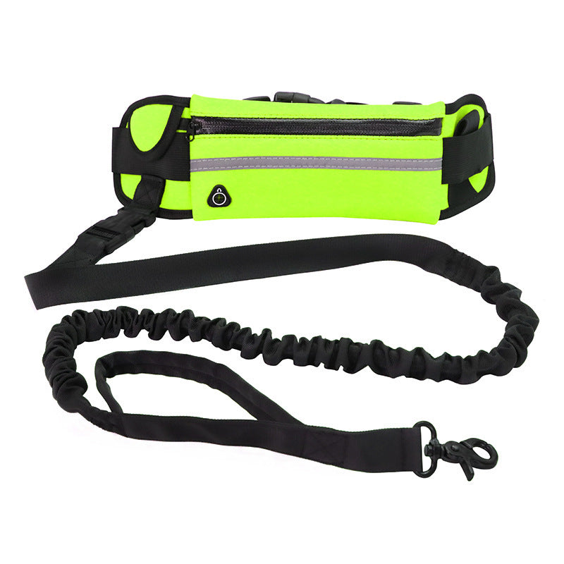 Laisse mains libres pour chien avec ceinture ergonomique réglable, laisse élastique anti-choc, poche smartphone étanche et coutures réfléchissantes. Idéale running.