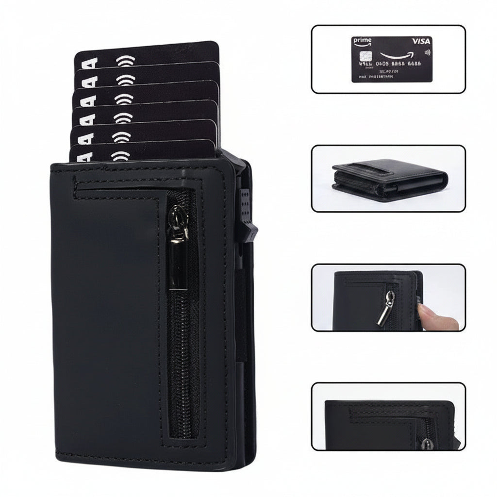 Porte-cartes RFID sécurisé en PU avec porte-monnaie intégré. Compact, léger, élégant. Dispo en Noir, Marron, Abricot, Fibre Carbon.
