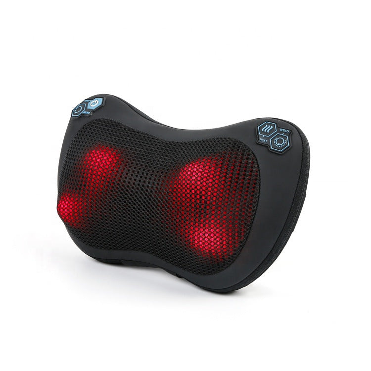 Coussin de massage chauffant multifonction pour cou, dos et jambes. 4 niveaux d'intensité, chaleur infrarouge. Relaxation profonde à domicile ou en voiture.
