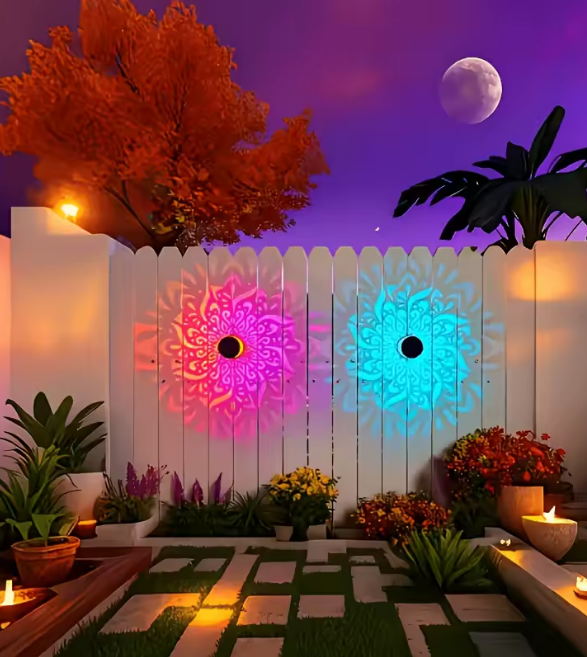 Découvrez notre projecteur solaire mural décoratif avec motifs mandala et tournesol. Éclairage automatique, résistant IP65, idéal pour jardin, terrasse et balcon. Sans câble, 100% solaire.