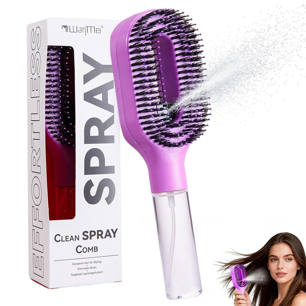 Brosse 2-en-1 avec spray, coloris violet, avec emballage et jet de vaporisation