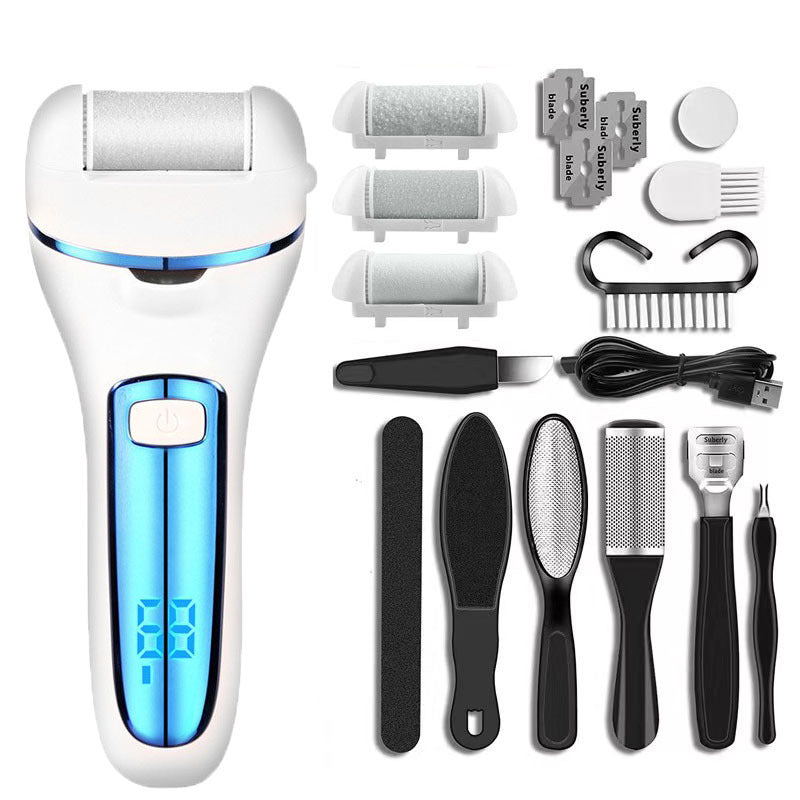 Râpe électrique pour pieds avec 3 têtes abrasives, rotation 360°, batterie 1200 mAh rechargeable USB, étanche. Élimine callosités et peaux mortes. Pédicure maison.