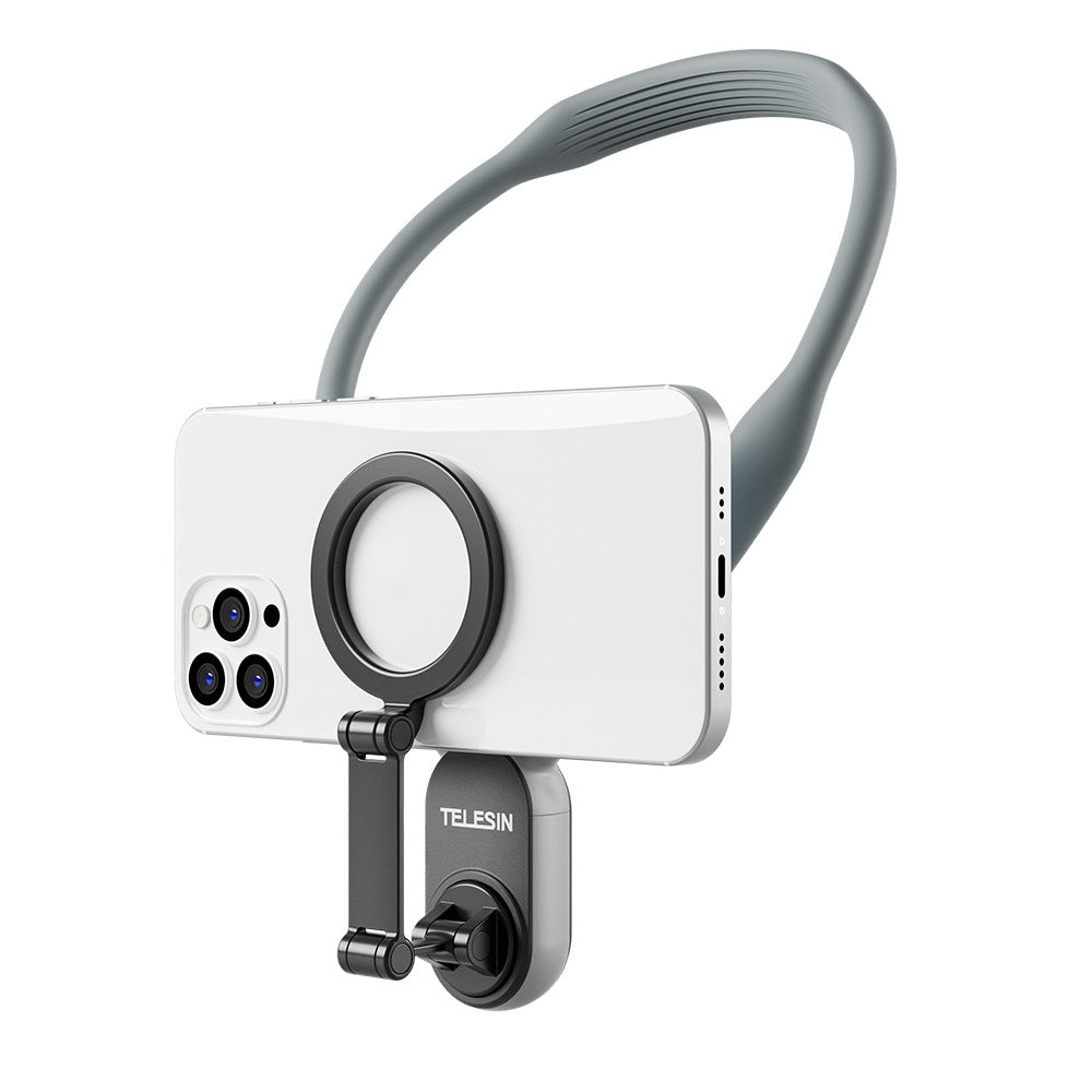 Support de cou en silicone avec fixation magnétique MagSafe. Idéal pour vidéos POV, vlogs et lives. Dégagement rapide, confortable et léger.