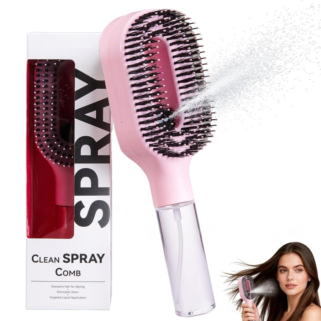 Brosse 2-en-1 avec spray, coloris rose, avec emballage et jet de vaporisation