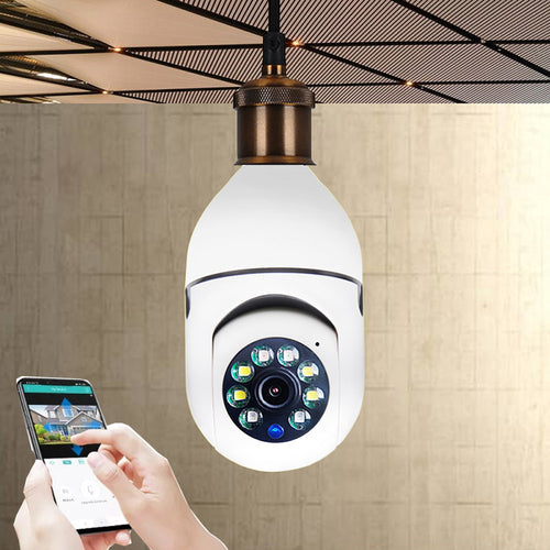 Caméra ampoule WiFi 1080P installée au plafond, contrôlée depuis un smartphone