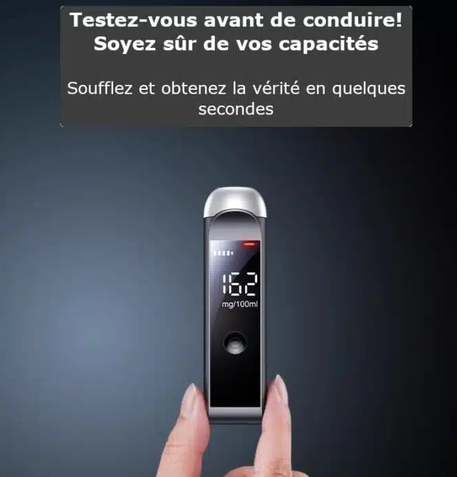 Éthylotest électronique sans embout, résultat en 5 secondes, alerte sonore et lumineuse, rechargeable USB-C. Conduisez en toute sécurité. Livraison rapide.