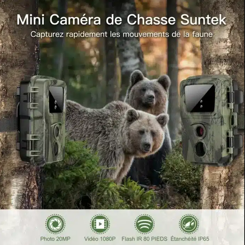 Caméra de chasse 20MP Full HD 1080P, vision nocturne infrarouge 20m, détection mouvement 1s, IP65, protection PIN. Surveillance faune et terrain 24h/24.