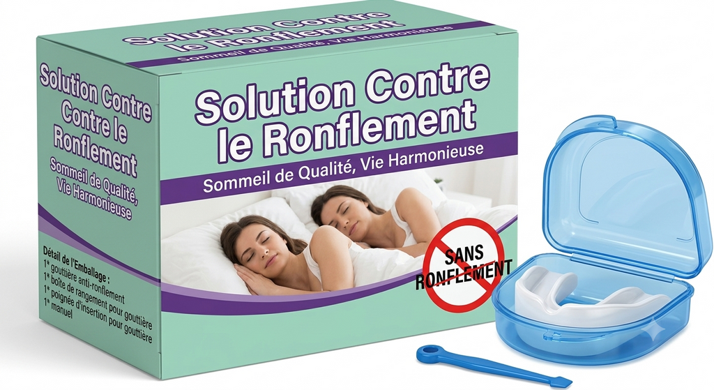 Gouttière anti-ronflement en EVA médical souple. Réduit le ronflement et le bruxisme, confort toute la nuit, discrète et facile à utiliser. Étui inclus.