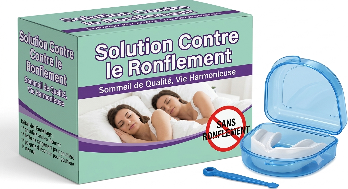 Gouttière anti-ronflement en EVA médical souple. Réduit le ronflement et le bruxisme, confort toute la nuit, discrète et facile à utiliser. Étui inclus.