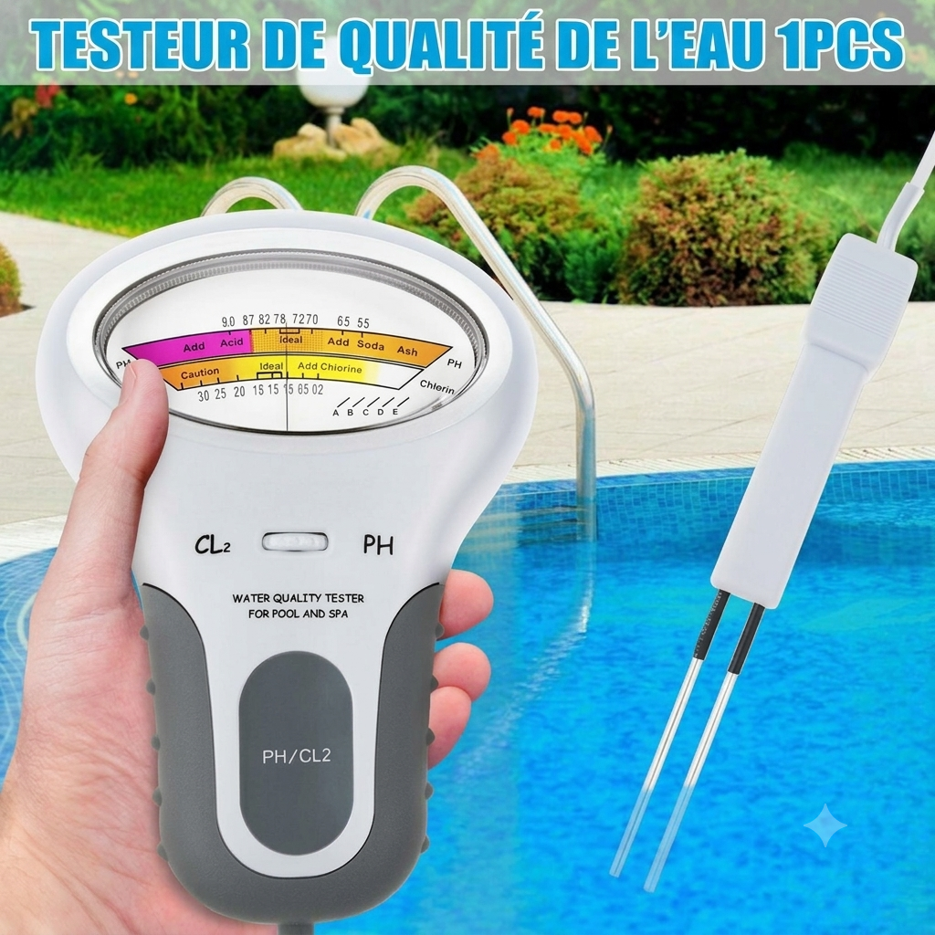 Testeur électronique pH et chlore (Cl₂) pour piscine, spa et jacuzzi. Mesure instantanée, sans bandelette, résultats précis. Contrôlez la qualité de votre eau facilement.