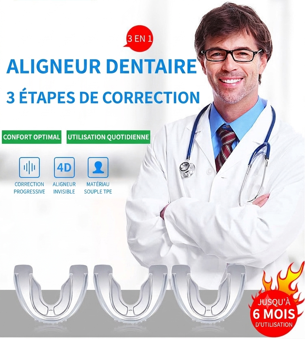 Aligneur dentaire progressif en TPE souple, système 3 phases, port jour et nuit, taille universelle. Pour un sourire harmonieux en douceur. Livraison rapide.