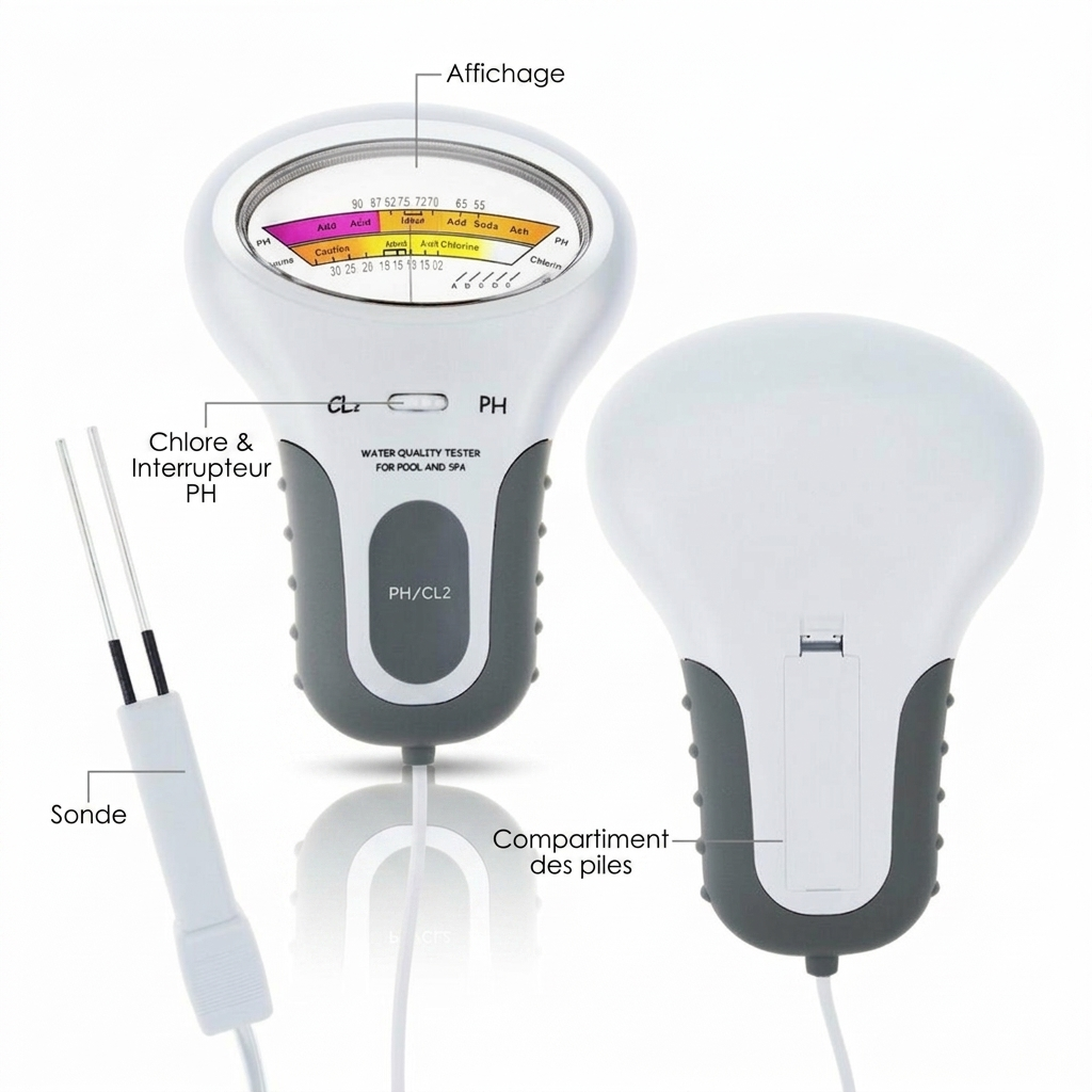 Testeur électronique pH et chlore (Cl₂) pour piscine, spa et jacuzzi. Mesure instantanée, sans bandelette, résultats précis. Contrôlez la qualité de votre eau facilement.