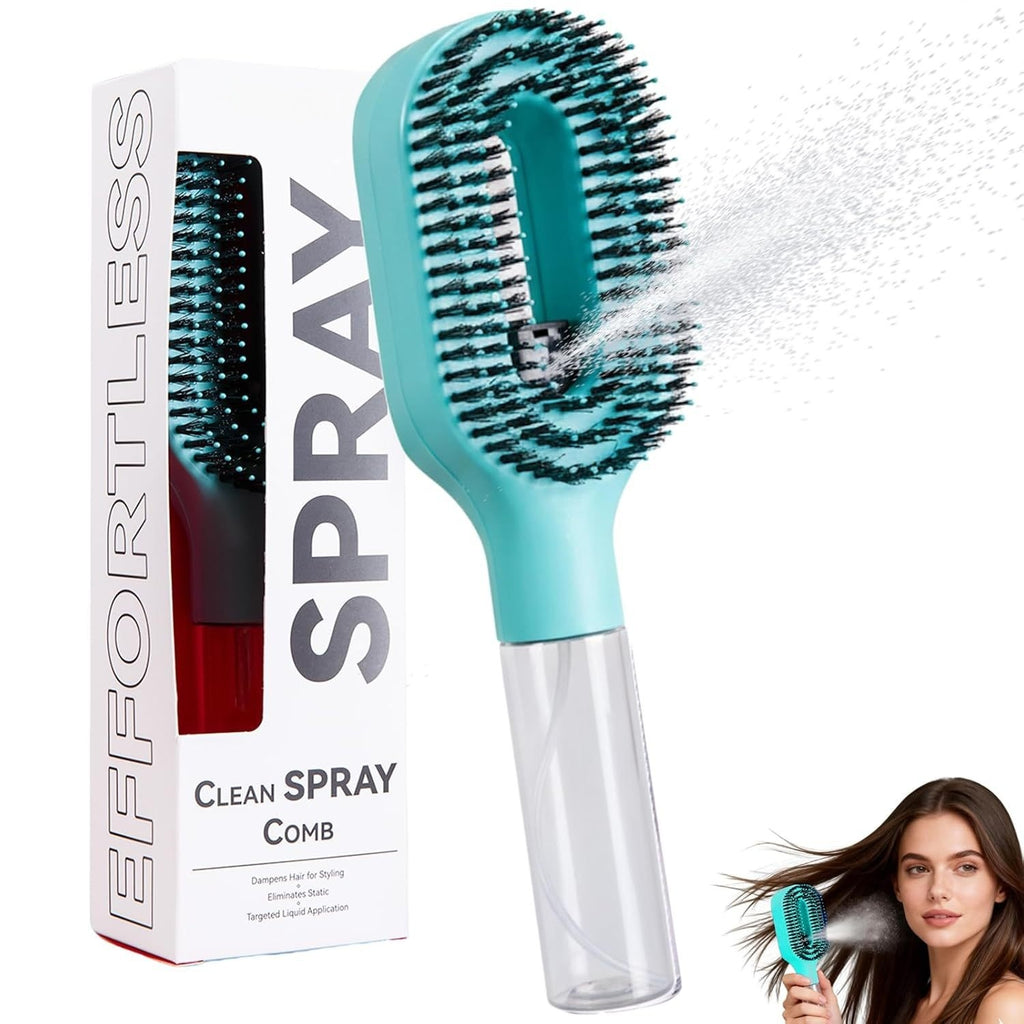Brosse 2-en-1 avec spray, coloris turquoise, avec emballage et jet de vaporisation