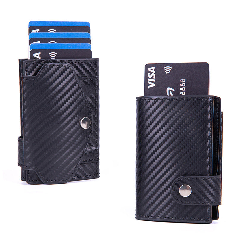 Porte-cartes RFID sécurisé en PU avec porte-monnaie intégré. Compact, léger, élégant. Dispo en Noir, Marron, Abricot, Fibre Carbon.