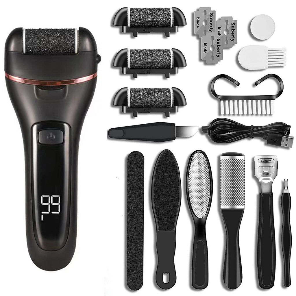 Râpe électrique pour pieds avec 3 têtes abrasives, rotation 360°, batterie 1200 mAh rechargeable USB, étanche. Élimine callosités et peaux mortes. Pédicure maison.