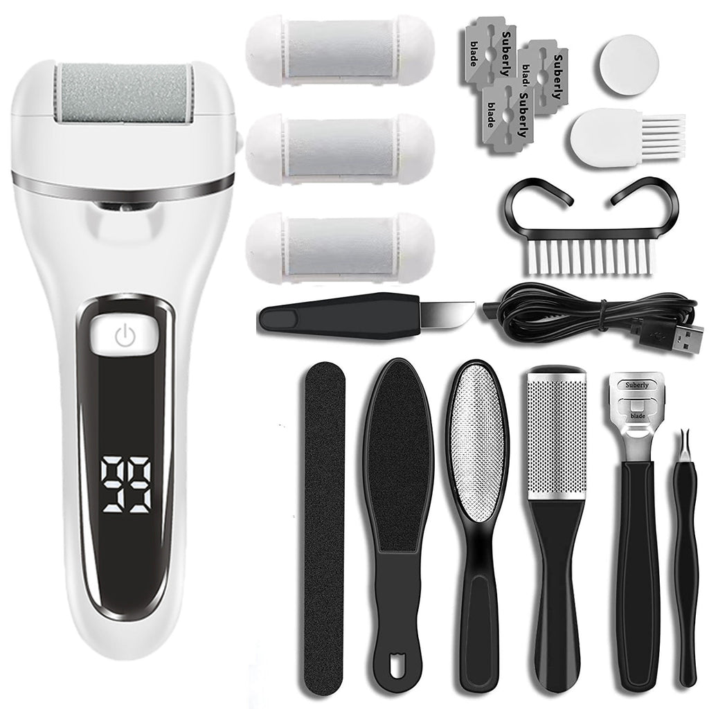 Râpe électrique pour pieds avec 3 têtes abrasives, rotation 360°, batterie 1200 mAh rechargeable USB, étanche. Élimine callosités et peaux mortes. Pédicure maison.