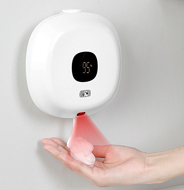 Distributeur de savon mural sans contact à capteur infrarouge, écran digital, batterie 1200 mAh. Hygiène intelligente pour cuisine & salle de bain. Livraison rapide.