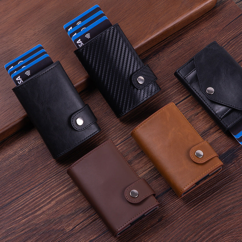 Porte-cartes RFID sécurisé en PU avec porte-monnaie intégré. Compact, léger, élégant. Dispo en Noir, Marron, Abricot, Fibre Carbon.