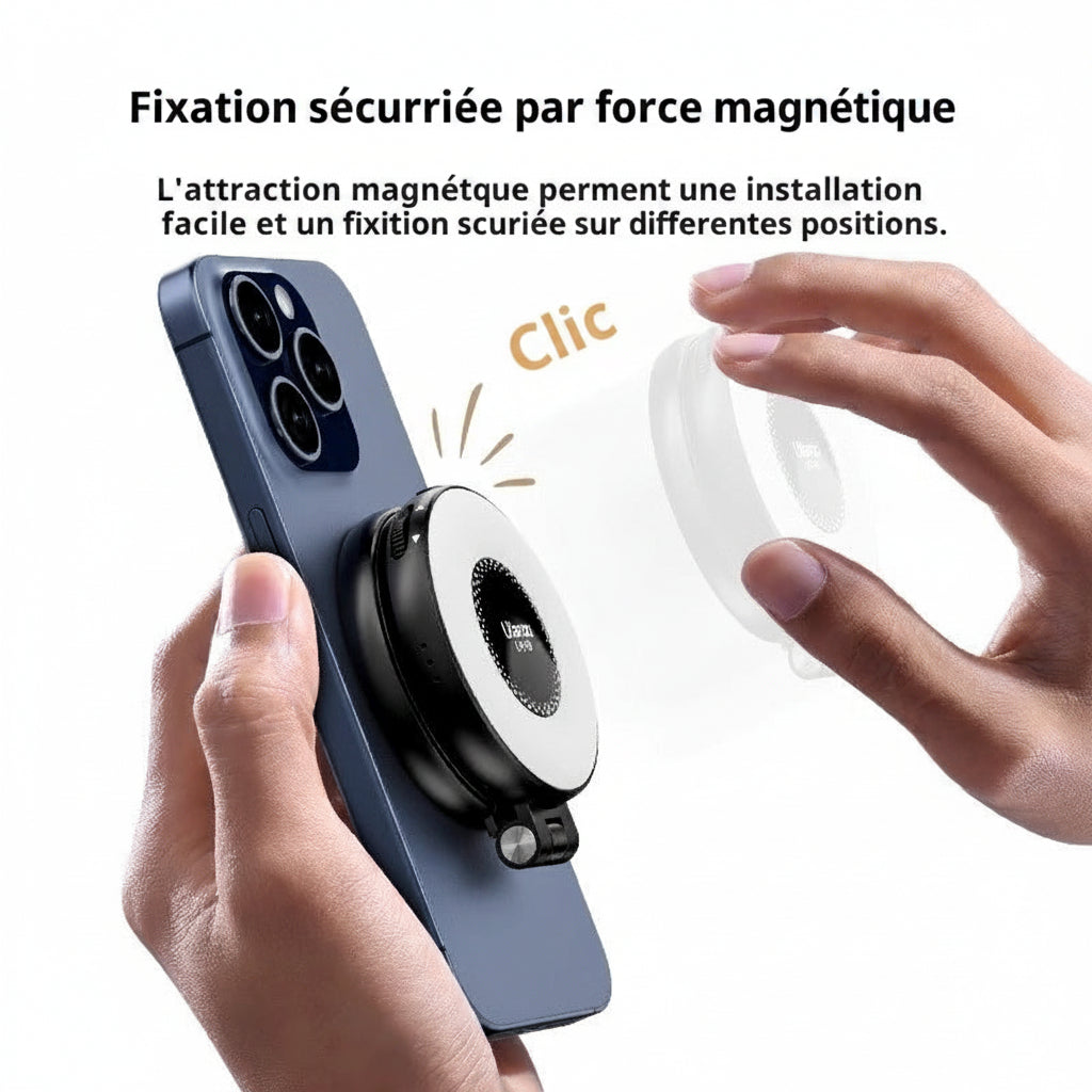 Lampe LED MagSafe magnétique pour selfies, Reels et vidéos. Double température, fixation instantanée, compacte. Idéale créateurs de contenu.